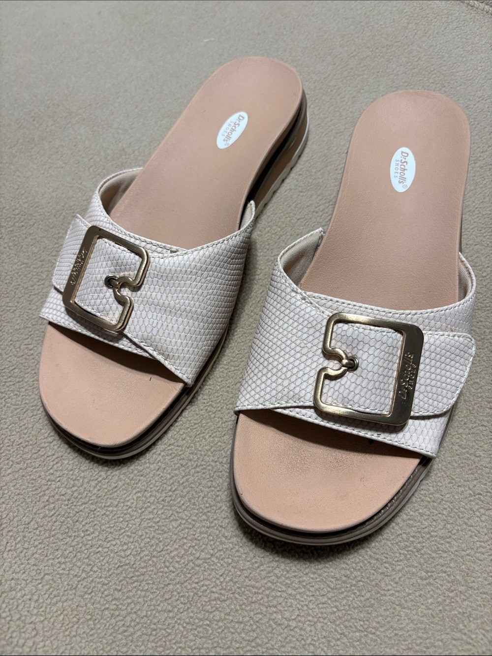 Dr. Scholl's Cream Slide Sandals with Gold Buckle Accent